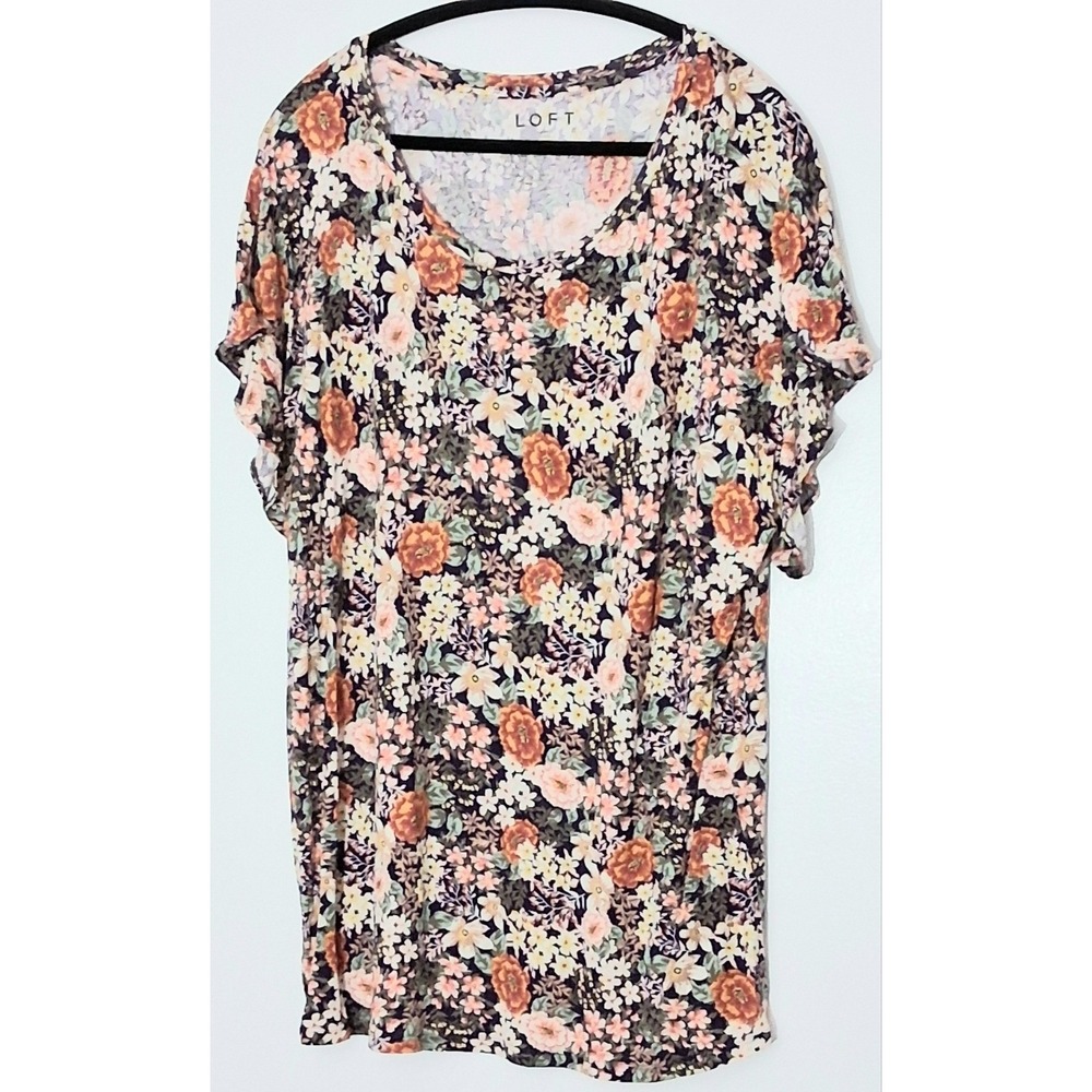 Loft Ann Taylor Blouse Size XXL Navy Blue Floral Short Sleeve Garden Bloomcore